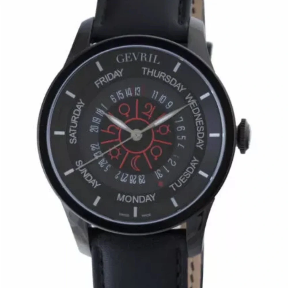GEVRILColumbus Circle Automatic Black Dial Black Leather Men's Watch 2001 #109